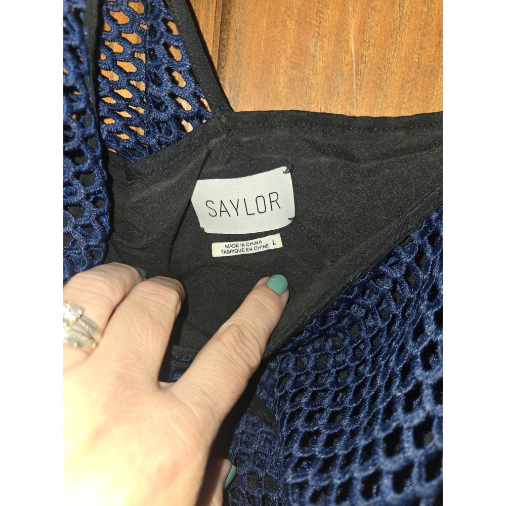 Saylor Womens Cobalt Blue Mesh Ruffle Lace Trim Cocktail Dress Size L - Picture 3 of 3